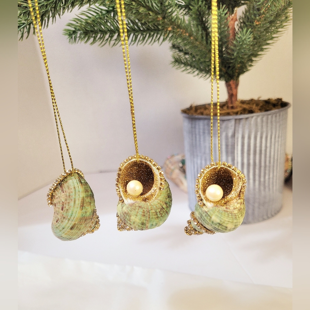 Handmade Set Of 3 Green Shell Ornaments